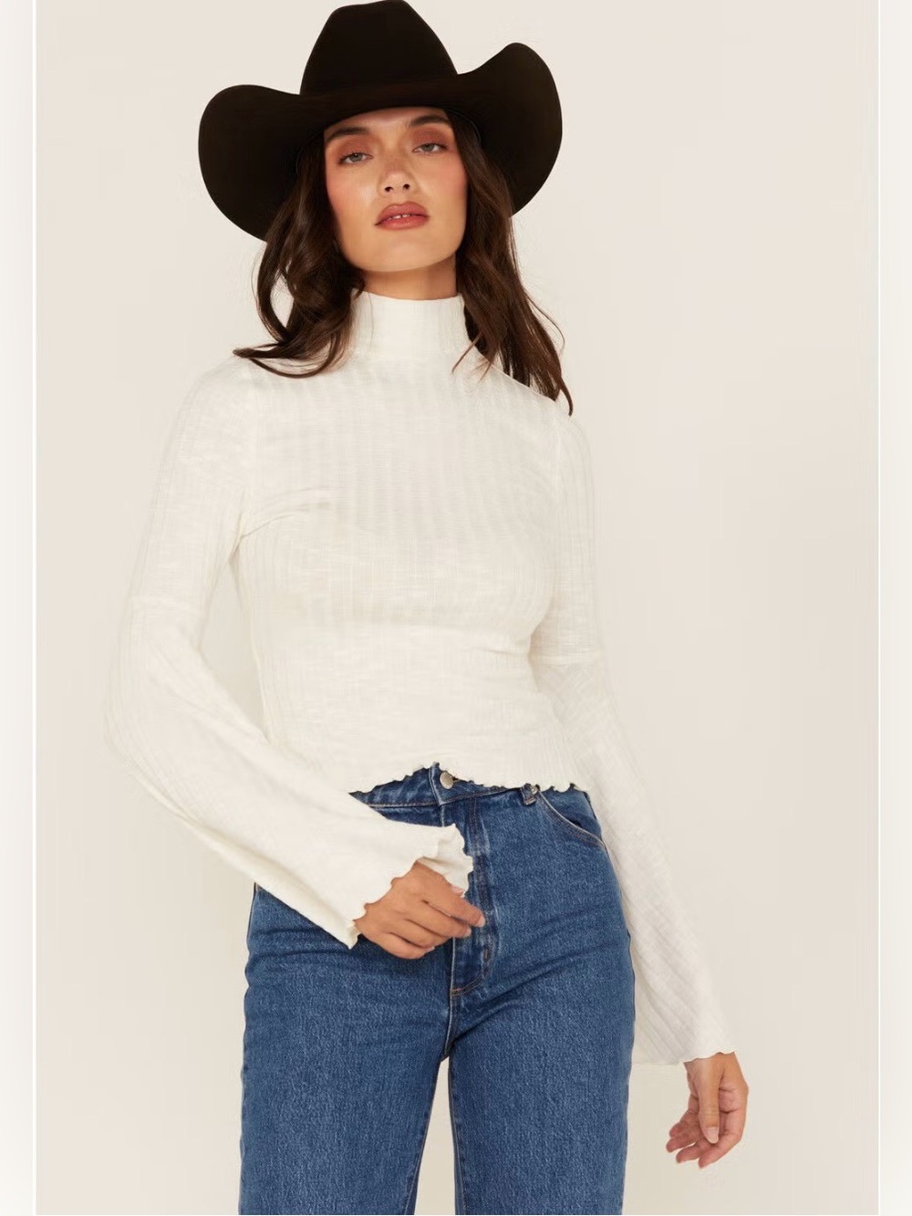 Shyanne White Ribbed Mock Neck Long-Sleeve Top